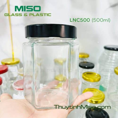 Hũ thủy tinh Lục giác nắp cao 500ml