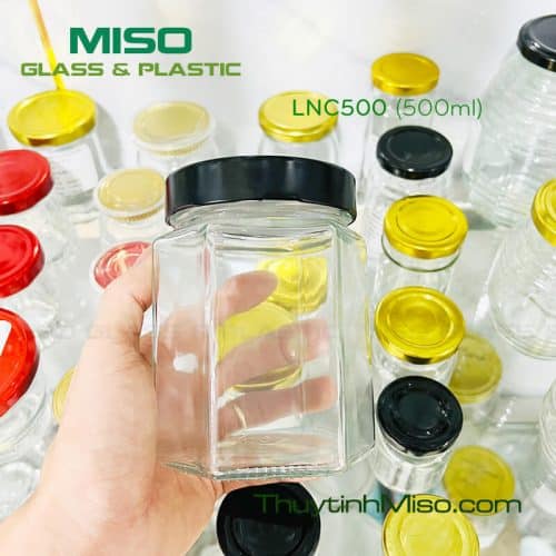 Hũ thủy tinh Lục giác nắp cao 500ml