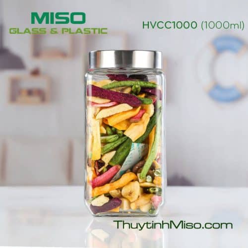 Hũ thủy tinh vuông nắp vặn inox 1000ml