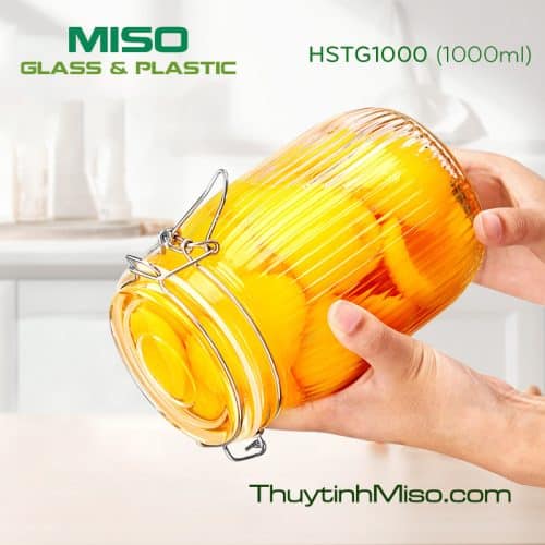 Hũ thủy tinh tròn nắp cài thân sọc 1000ml