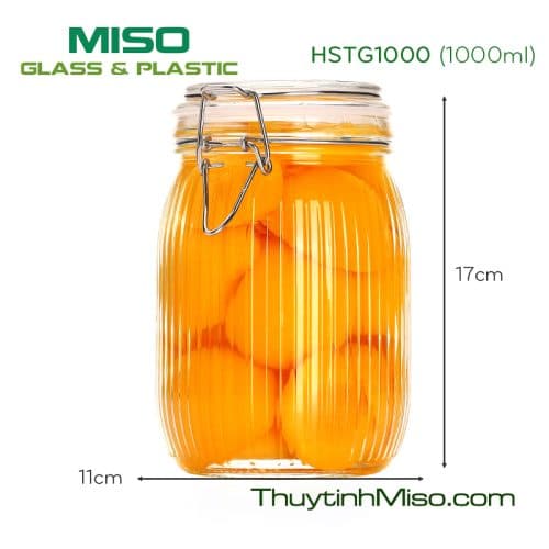 Hũ thủy tinh tròn nắp cài thân sọc 1000ml